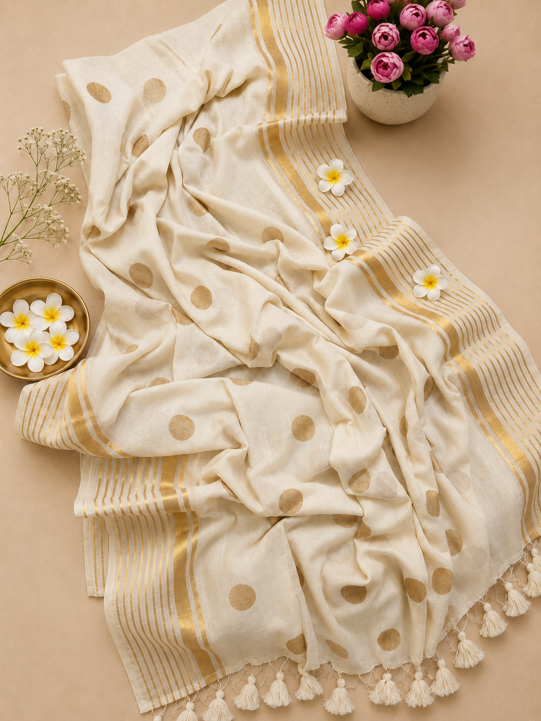 Gold Polki Design Mul Cotton Saree