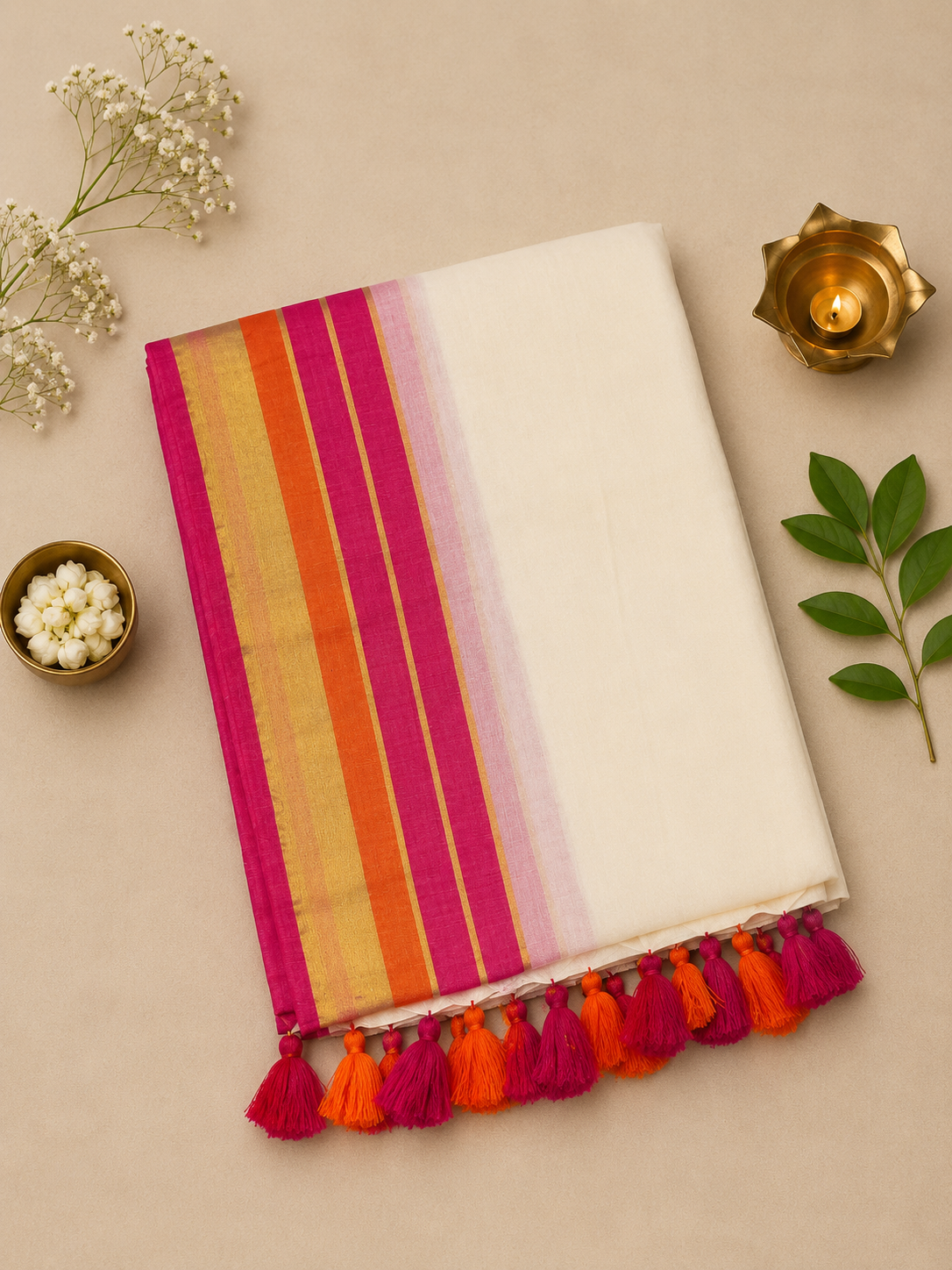 Kerala Mul Cotton Pink and Orange Saree