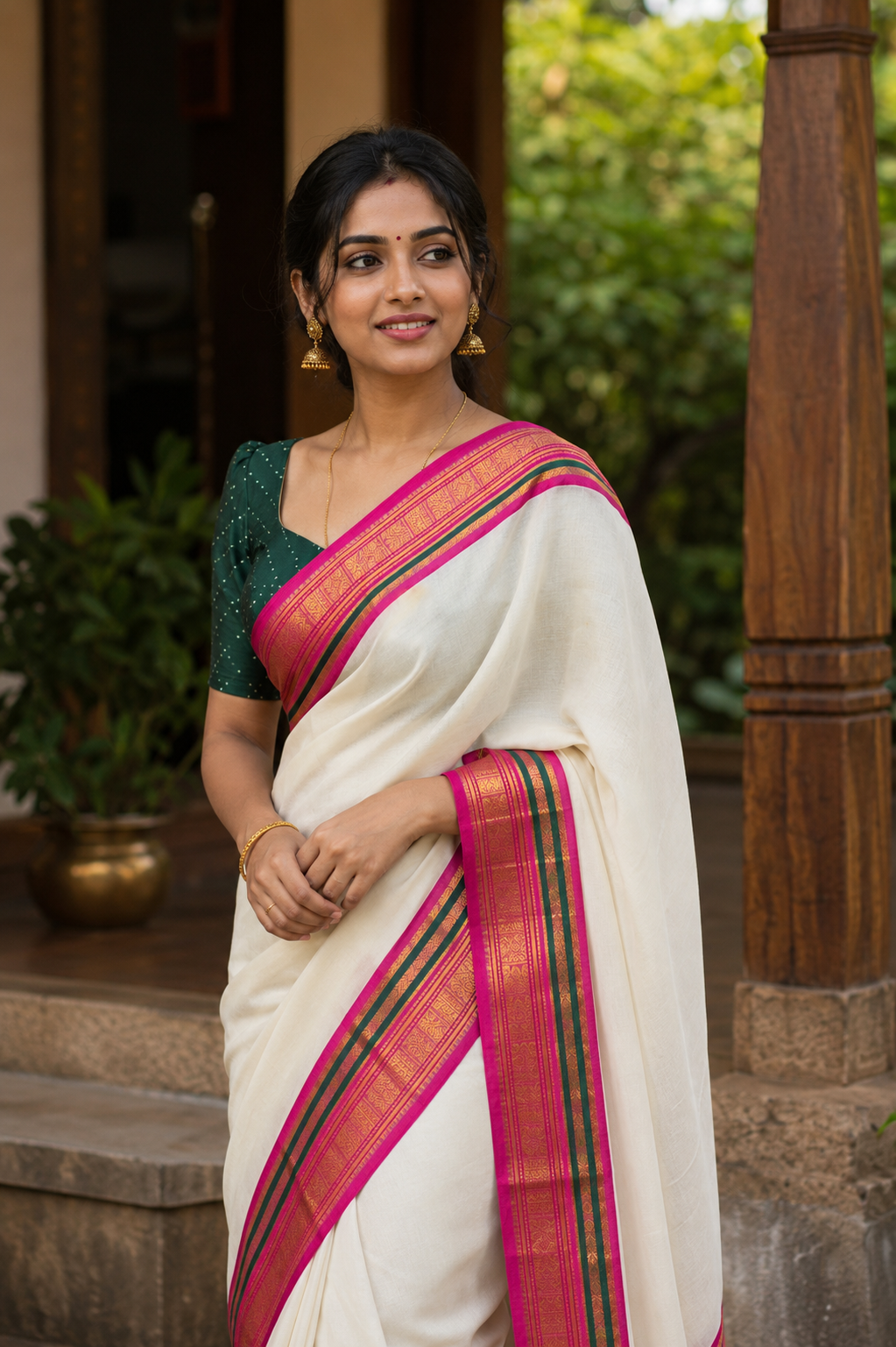 Mul Cotton Saree With Pink Border