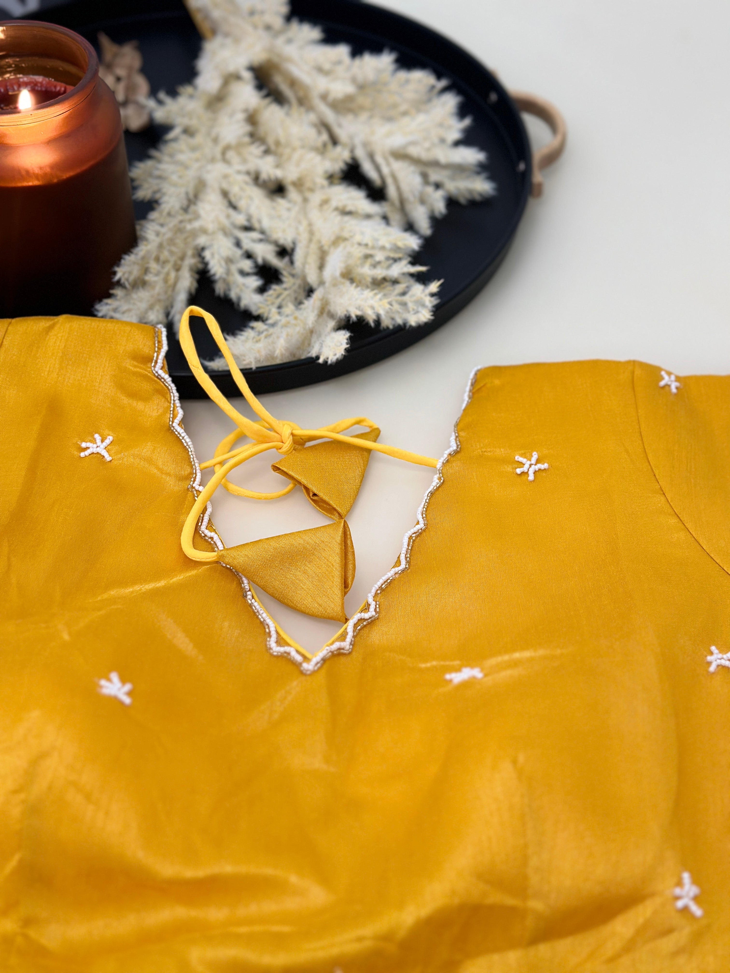 Designer Yellow With White Bead Work