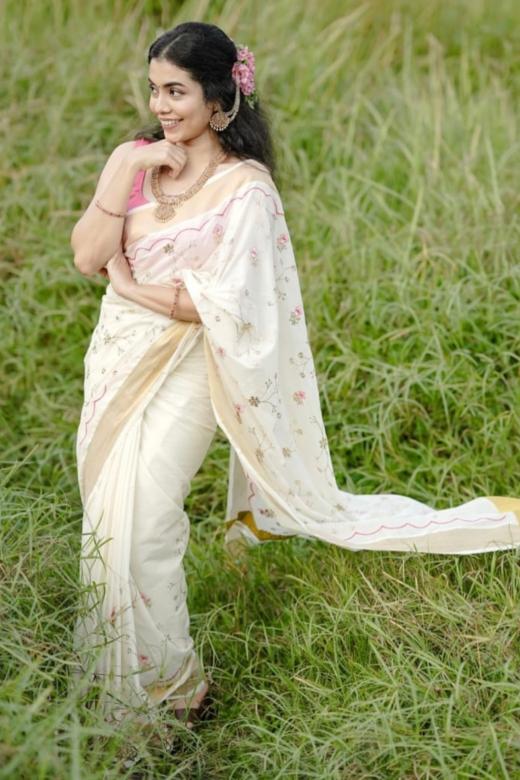 Kerala Floral Embroidery Saree
