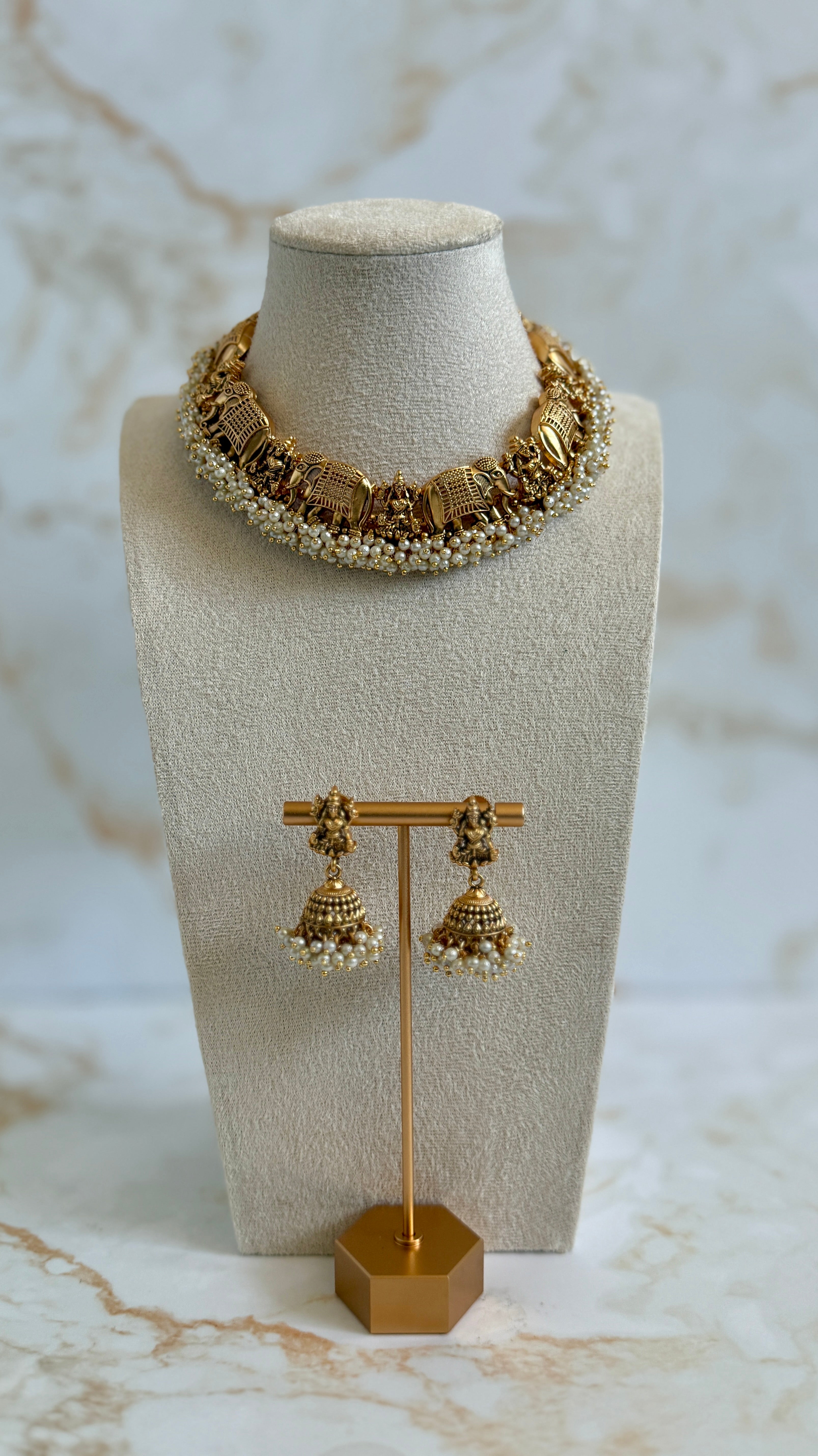 Gold Plated Elephant Pearl Neckpiece Set
