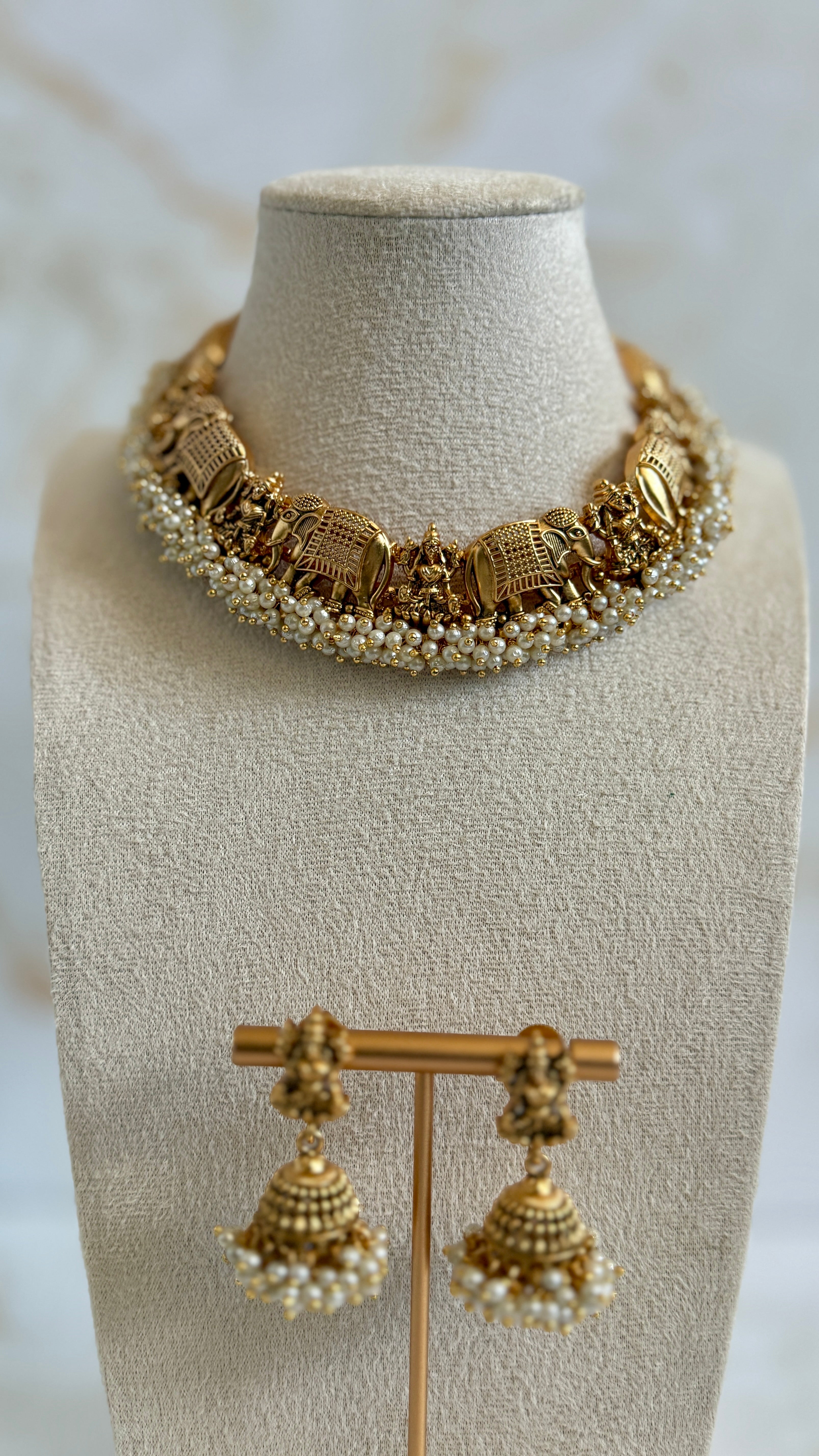 Gold Plated Elephant Pearl Neckpiece Set