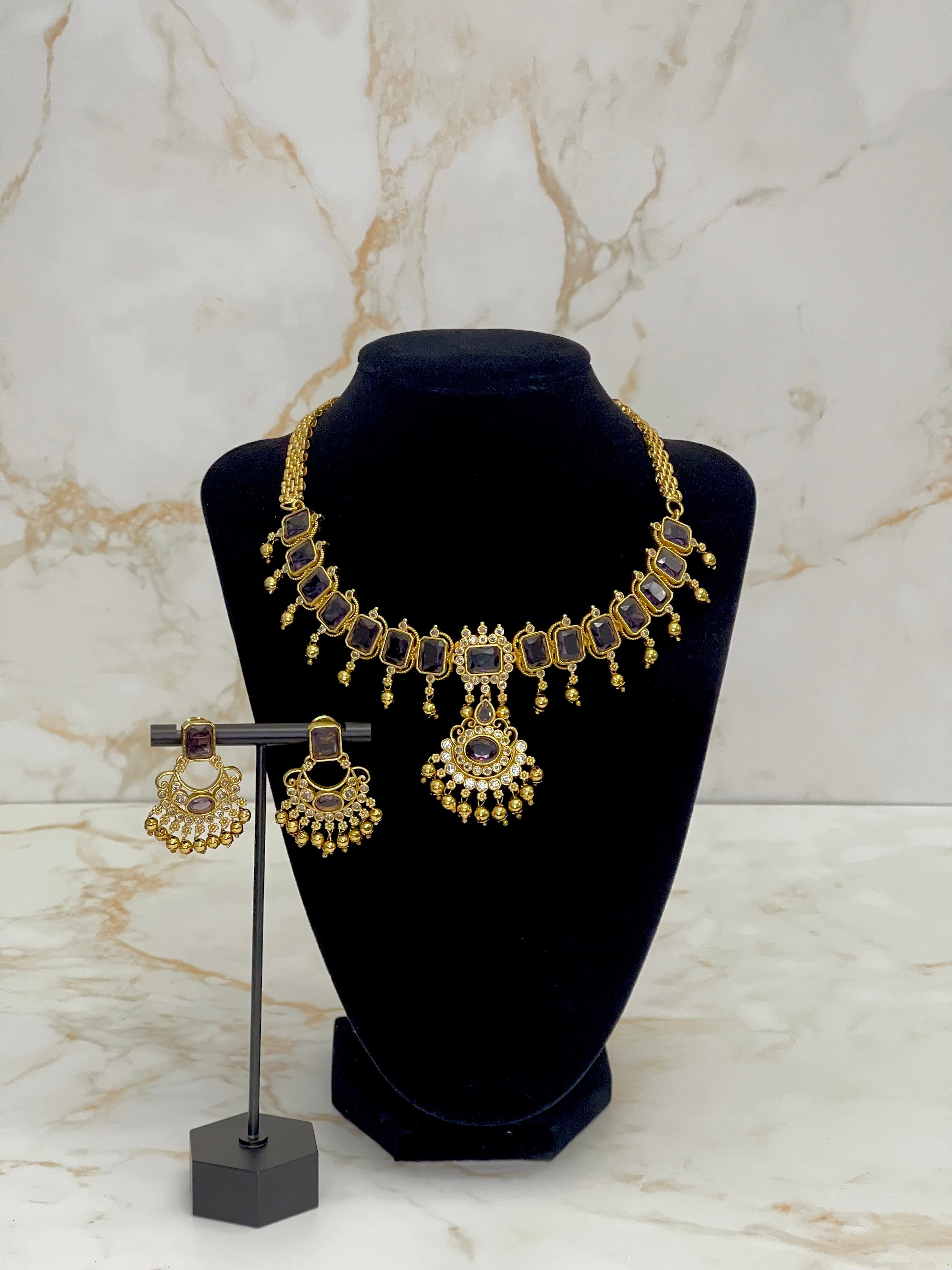 Premium Purple AD Stone Choker Short Neckpiece Set