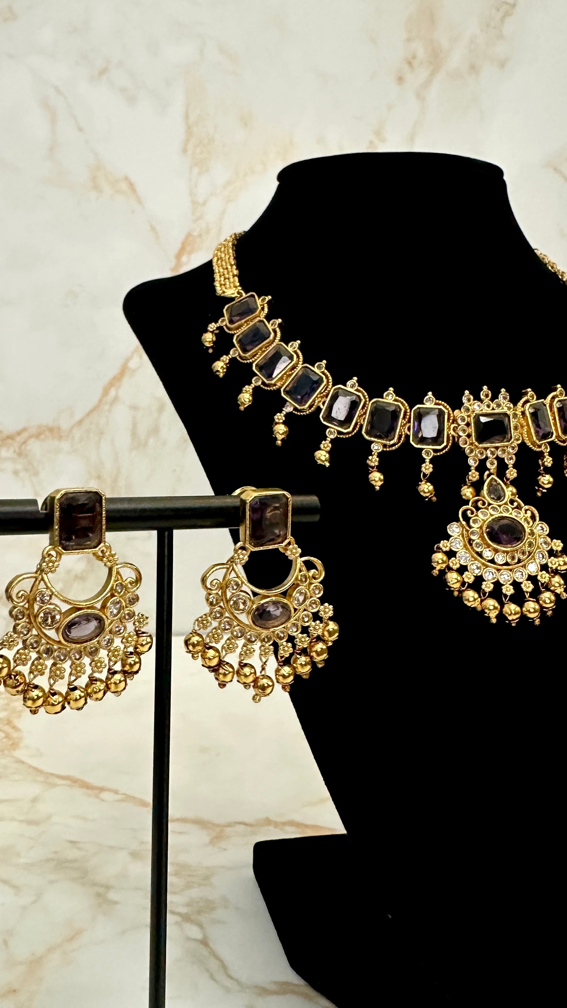 Premium Purple AD Stone Choker Short Neckpiece Set