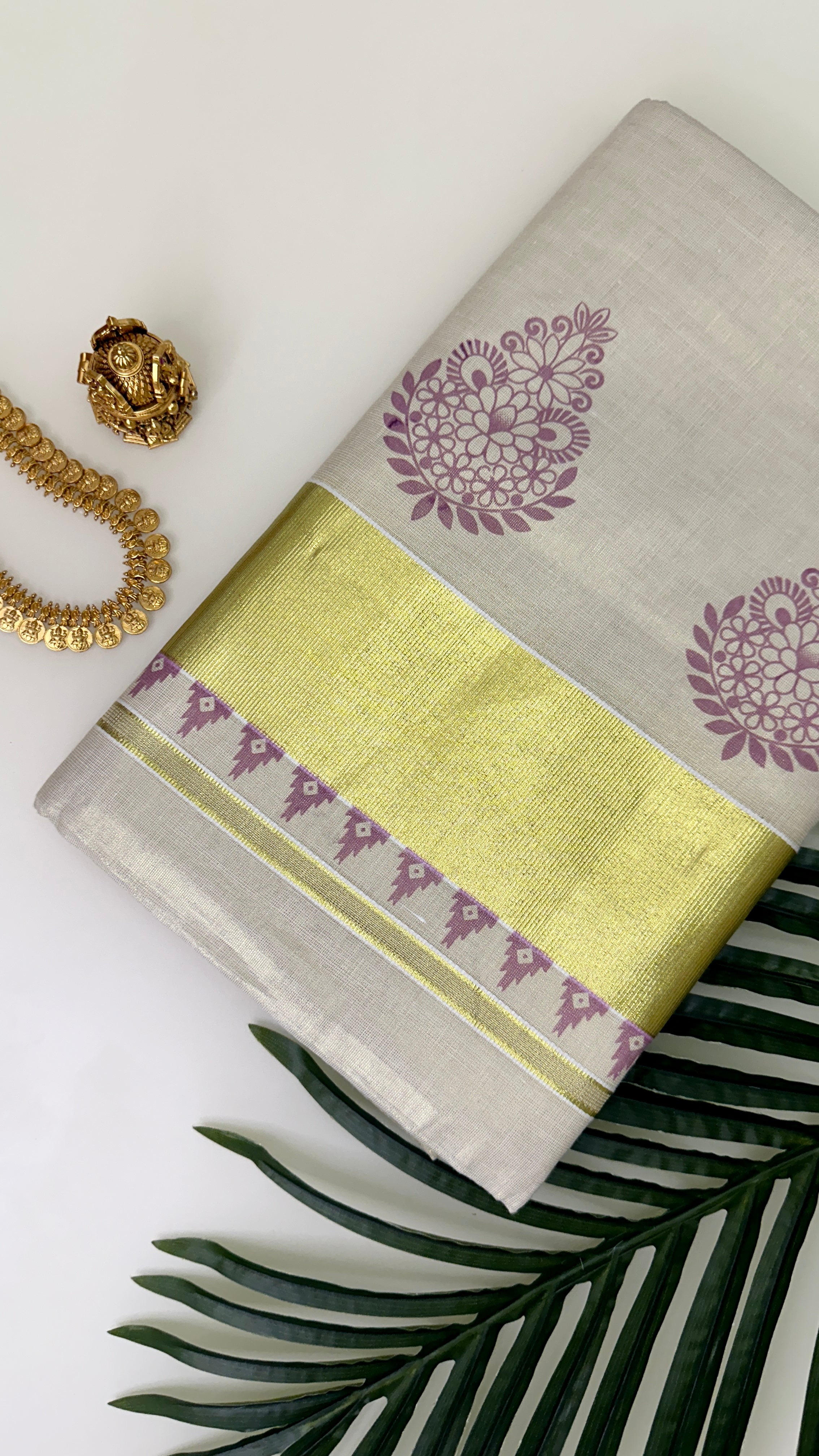 Purple Design Kerala Set Saree With Blouse Piece