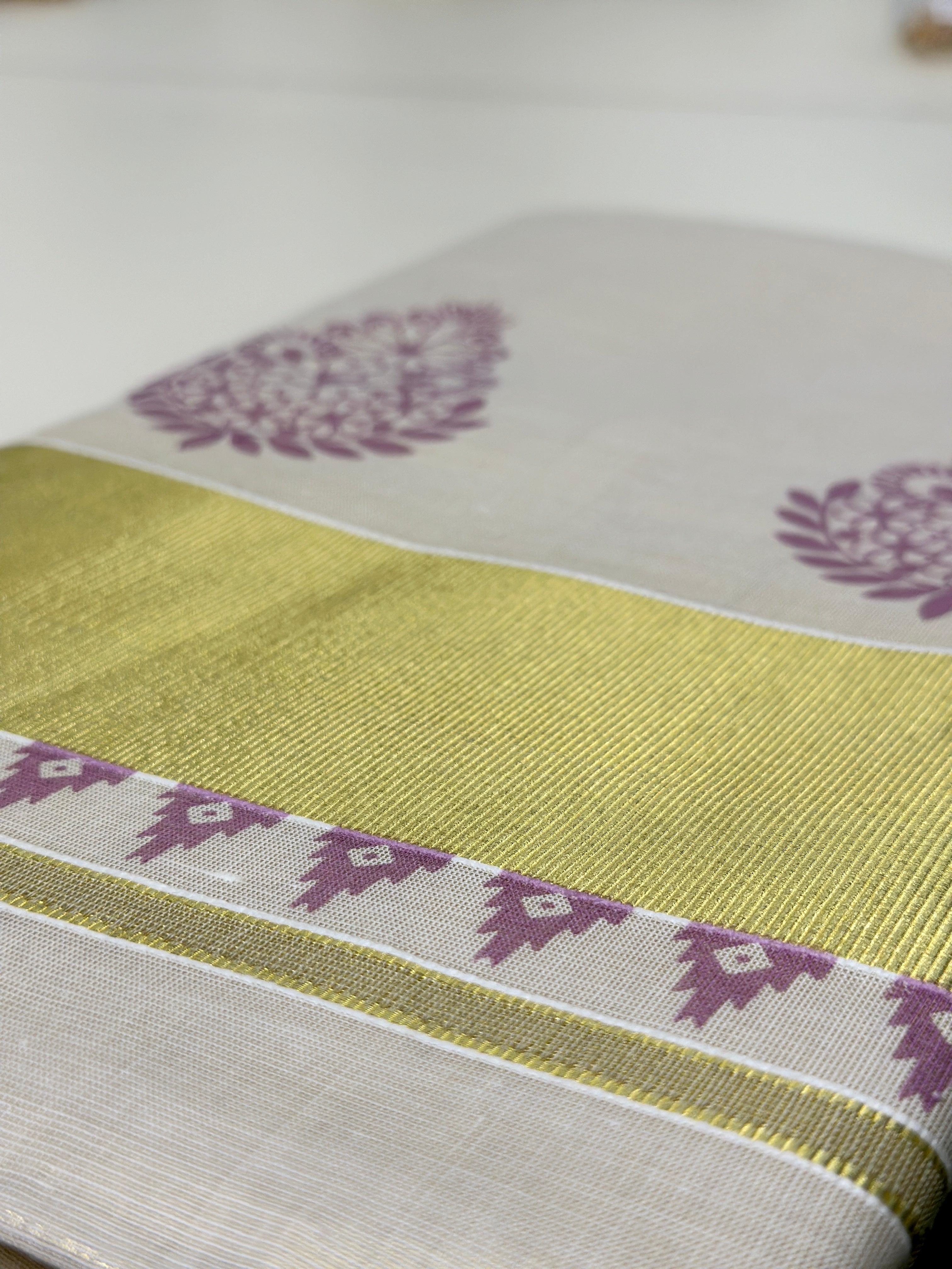 Purple Design Kerala Set Saree With Blouse Piece