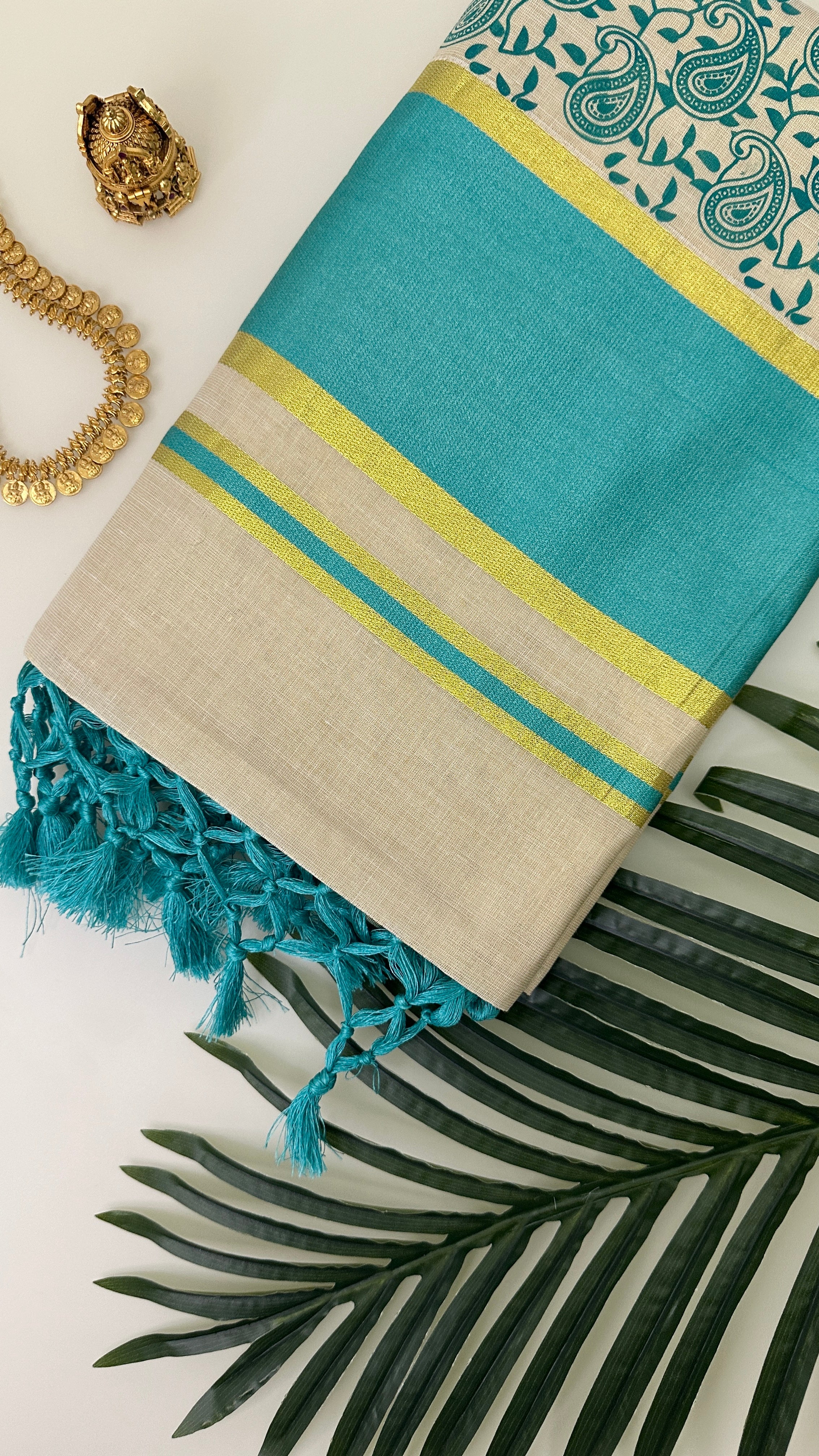 Teal Blue Kerala Set Saree With Blouse Piece