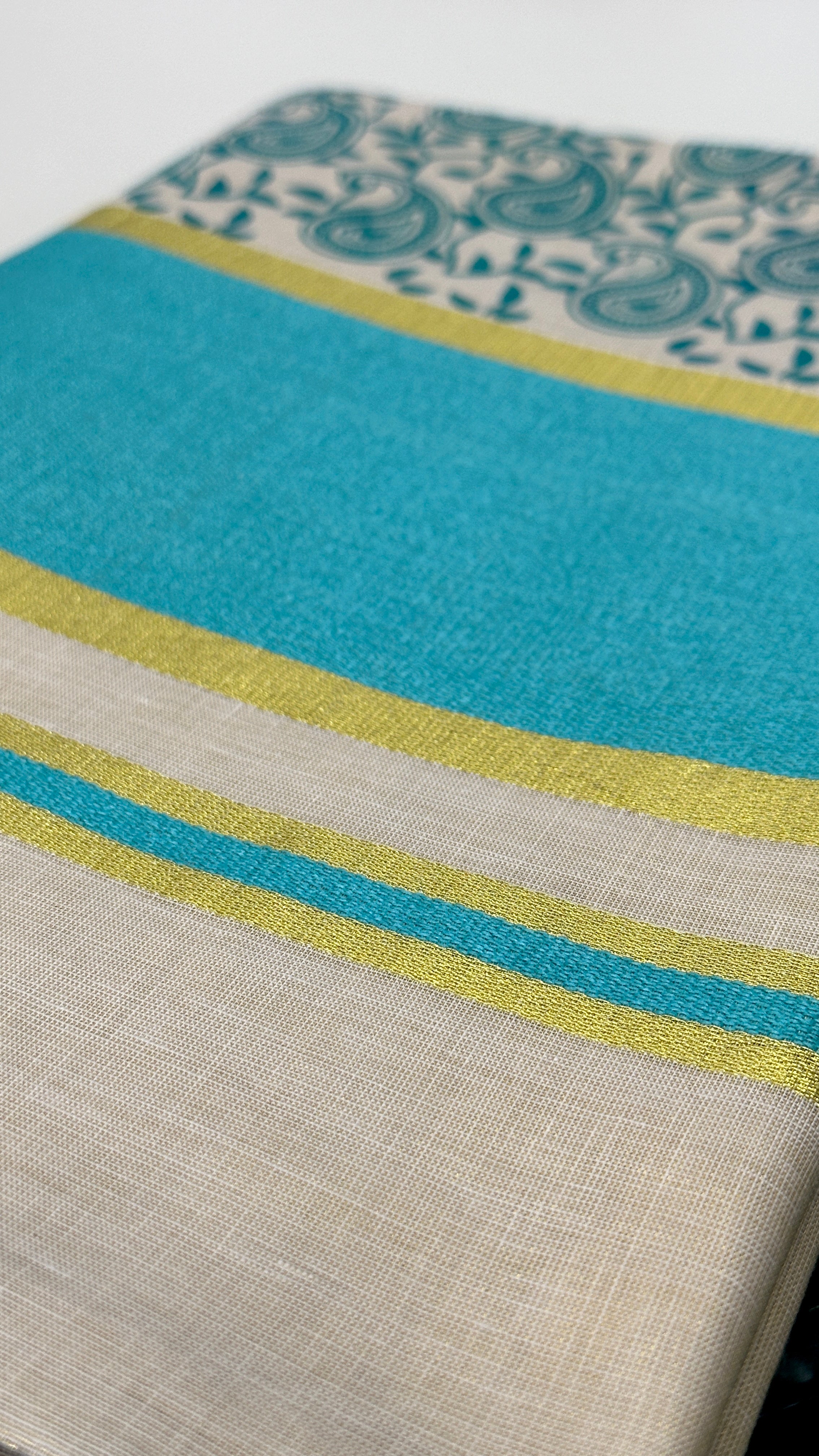 Teal Blue Kerala Set Saree With Blouse Piece